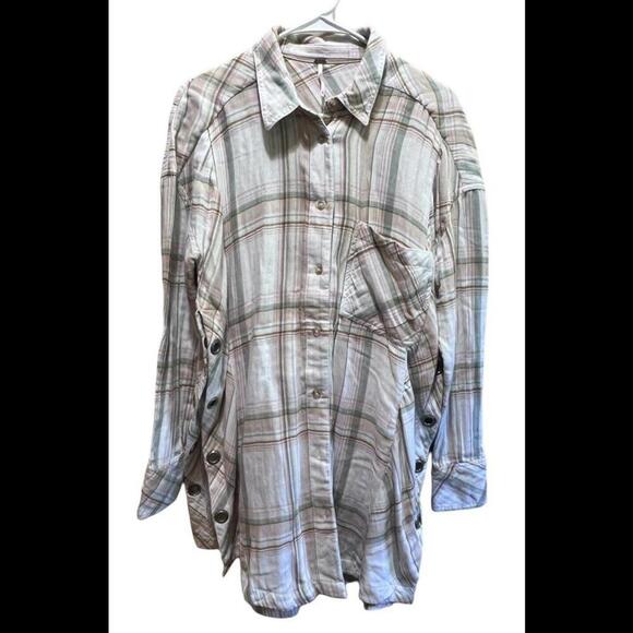 Free People Nordic Day Plaid Gauze Oversized Button Front Shirt Ivory Small READ - Picture 1 of 4